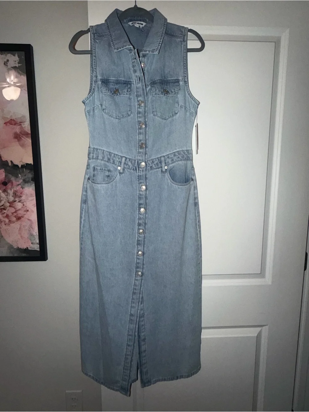 DKNY Denim Light Blue Button Front Sleeveless Midi Dress, Size Small - Picture 5 of 8